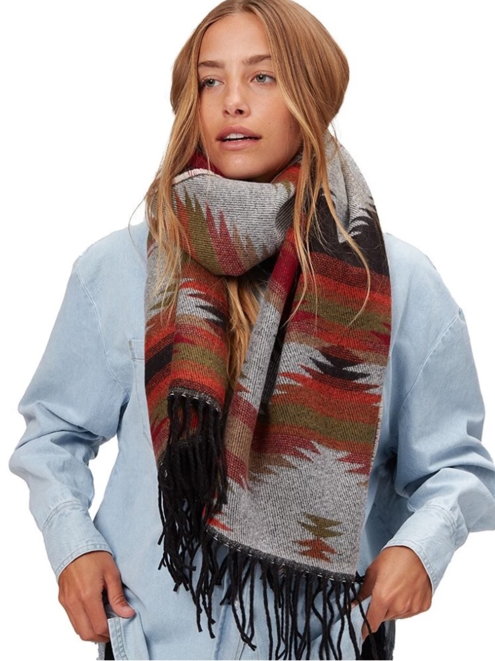Pistil Mattea Aztec Fringe Scarf in Gray, Rust, Olive & Black